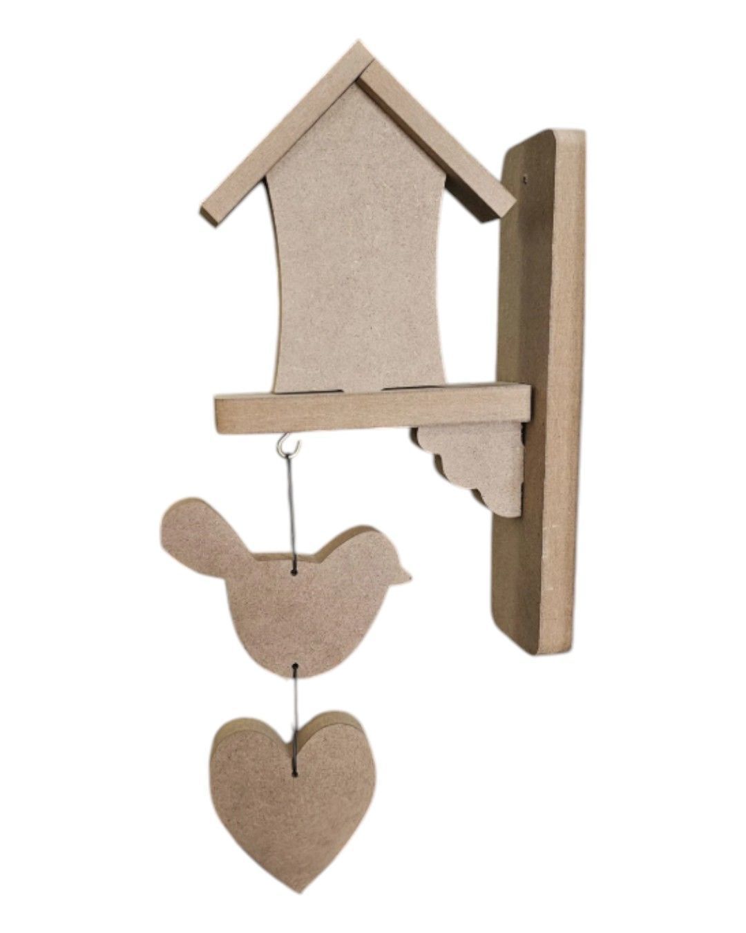 Boyanabilir Ahşap Ham Objeler -EV DUVAR SÜSÜ KUŞLU KALPLİ 23,5 x 16 cm