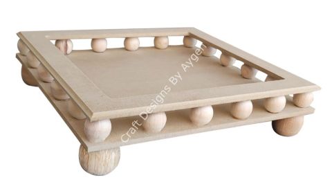 Boyanabilir Ahşap Ham Objeler -BONCUKLU BÜYÜK KARE TEPSİ 39X39