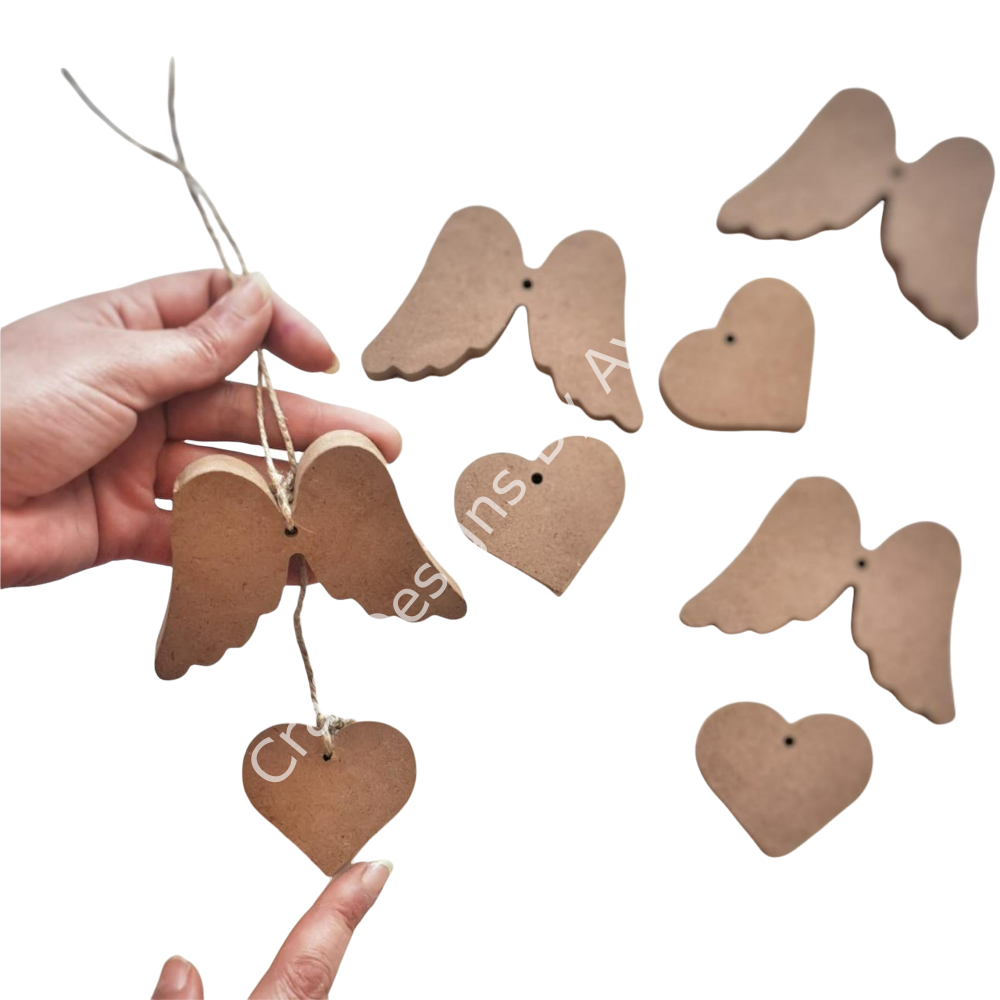 Boyanabilir Ahşap Ham Objeler -MELEK KANADI VE KALP SARKAÇ  10 x 7 cm ve 6 cm