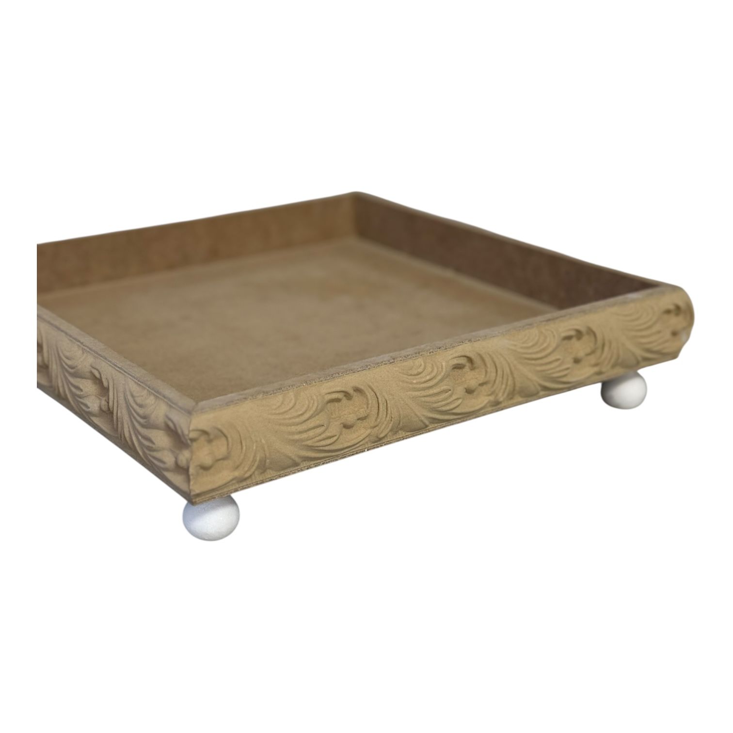 Boyanabilir Ahşap Ham Objeler -OYMALI DERİN KÜÇÜK KARE TEPSİ - 27x27x3,5 CM