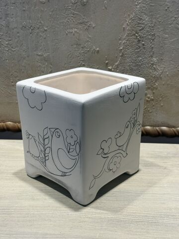 Çini Tahrirli Bisküvi - KUŞLU KÜP SAKSI 16x15 CM