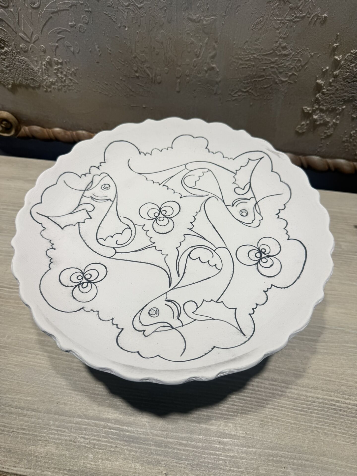 Çini Tahrirli Bisküvi - DERYA ÜÇLEMESİ AYAKLI TABAK 25 CM